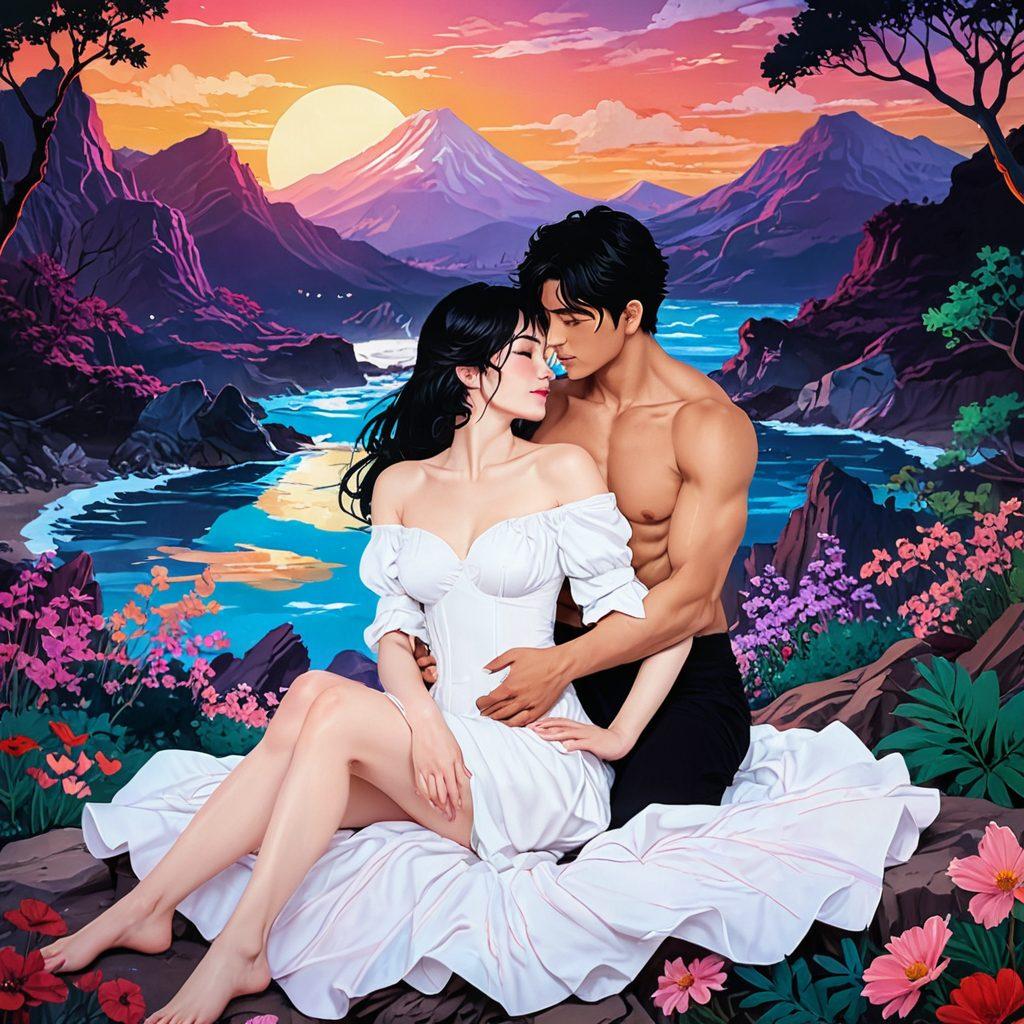 A dynamic collage featuring iconic scenes from queer anime and adult cinema, with characters expressing love and passion. Incorporate a mix of vibrant colors, soft lighting, and elegant artistic elements that evoke sensuality and intimacy. Include subtle hints of sexuality, like flowing fabrics and suggestive poses, to capture the essence of erotic storytelling. The background should be a dreamy, ethereal landscape that enhances the romantic vibe. surrealistic. vibrant colors. soft glows.