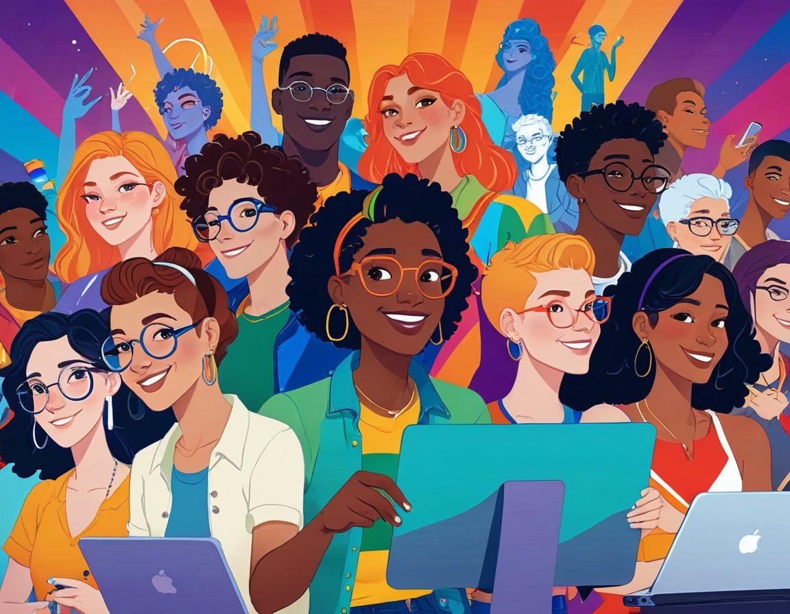 A vibrant and colorful illustration showcasing a blend of LGBTQ characters in various animated styles engaging with technology, depicting the intersection of art and sexuality in adult animation. The characters are diverse, expressing joy and creativity, surrounded by elements representing digital media such as screens and animated backgrounds. The scene is lively and inviting, blending whimsy with a mature theme. vibrant colors. digital art.